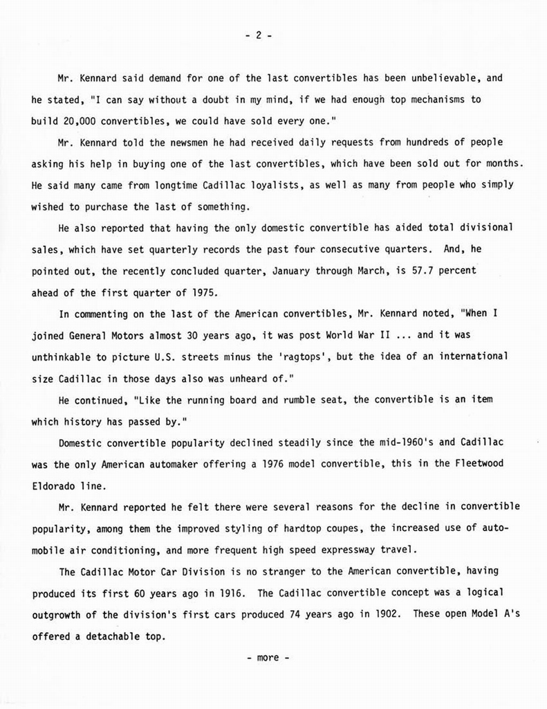 1976 Cadillac Convertible Press Release Page 1